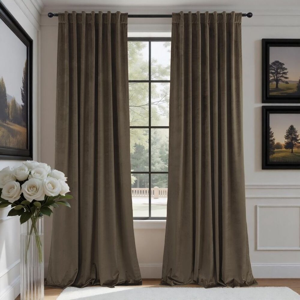Brown Velvet Curtains 108” 2 Panels Room Darkening Thermal Farmhouse